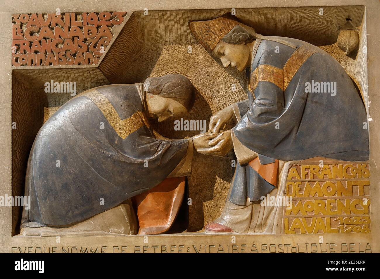Saint Germain des Pres church, Paris, France. Polychrome relief depicting Francois de Montmorency-Laval, first catholic bishop of Quebec,  by Henri Ch Stock Photo