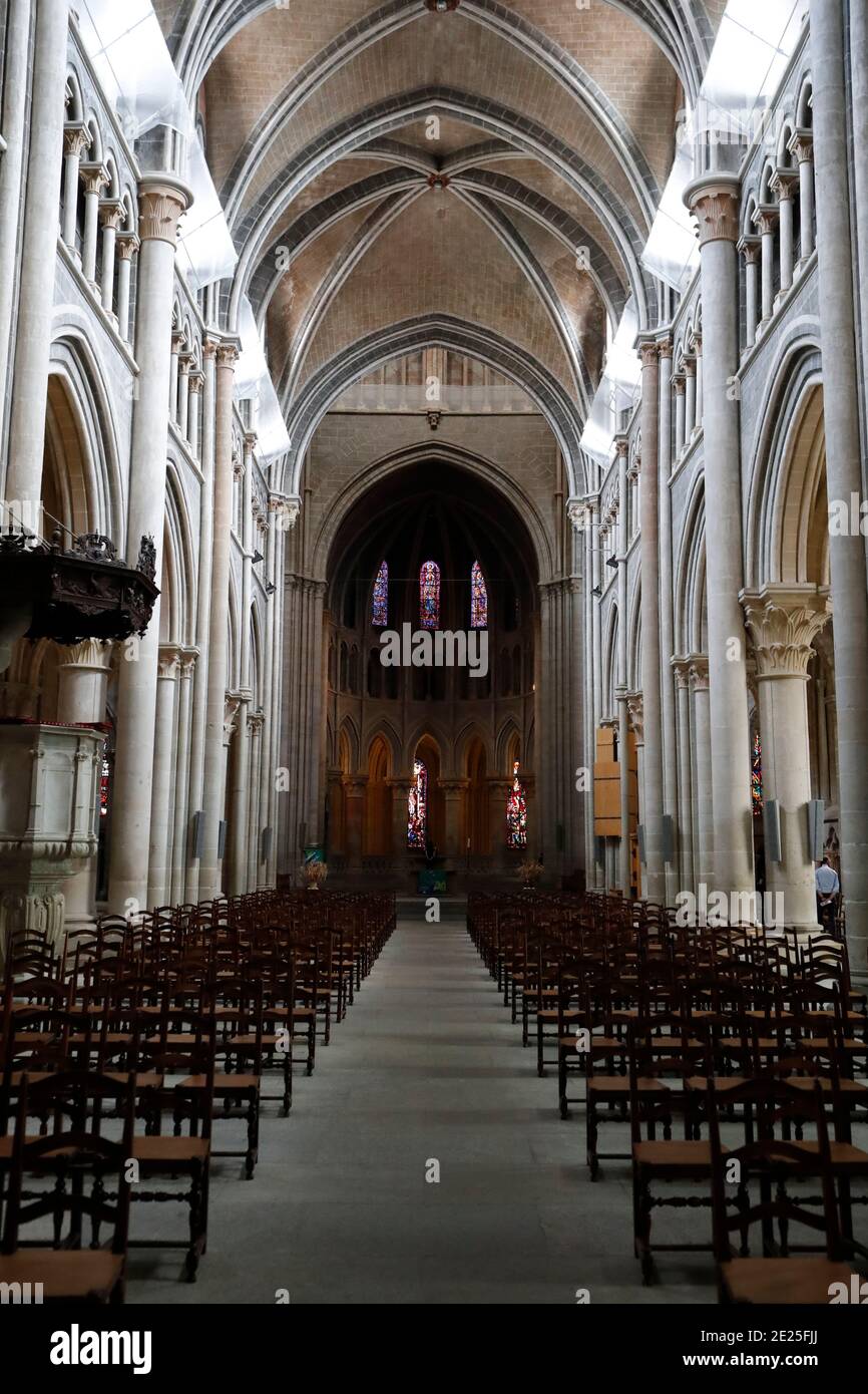 Cathedral of Notre Dame of Lausanne.  The nave. Gothic rib vaulting.  Switzerland. Stock Photo