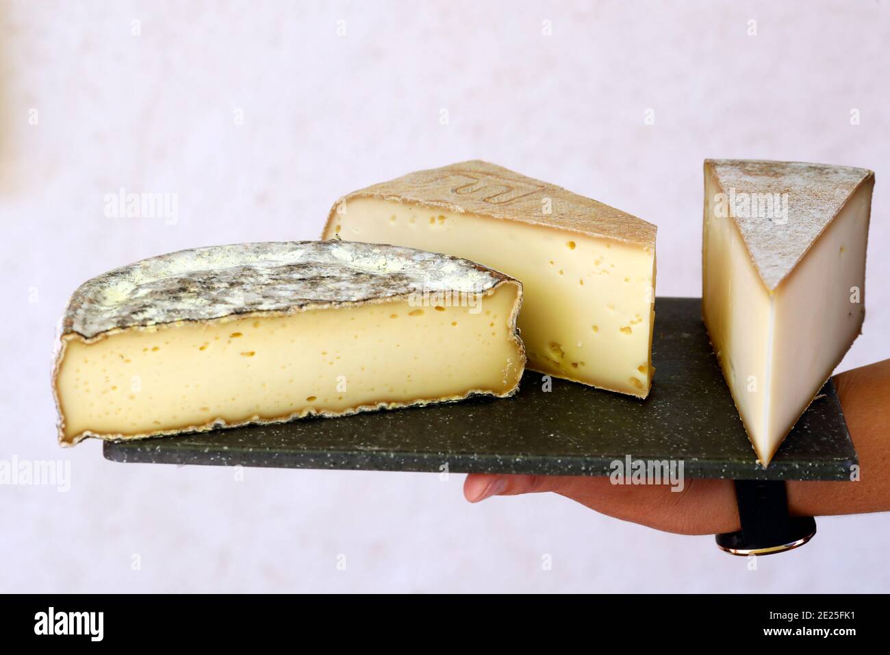 Different french cheeses produced in the Alps mountains. France Stock