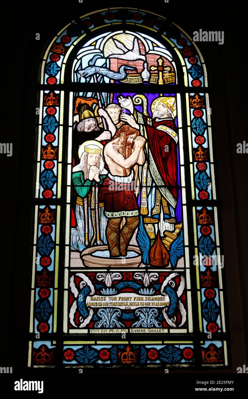 Saint Honore d'Eylau church, Paris, France. Stained glass. Baptism of