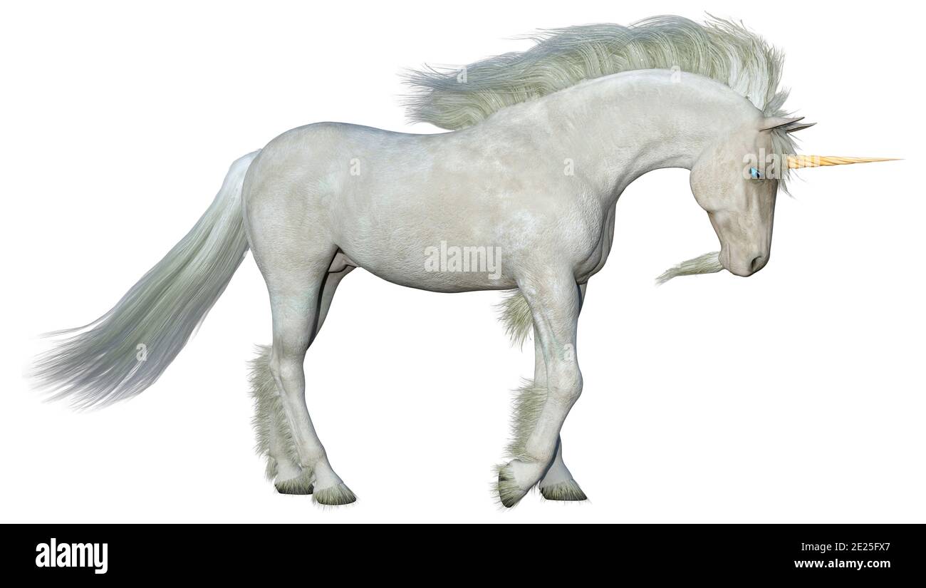3D rendering of a fantasy white unicorn isolated on white background ...