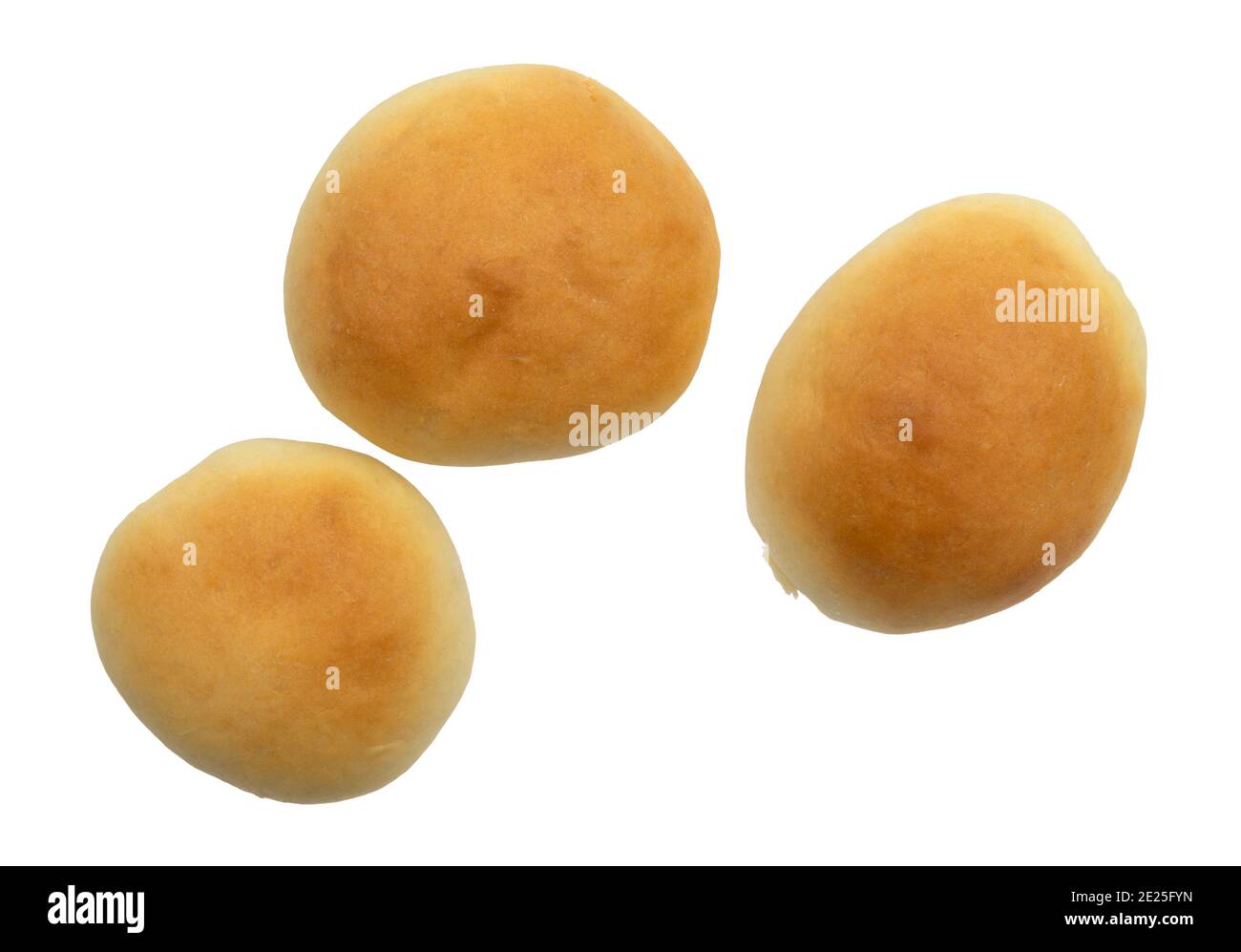 Top view of three fresh homemade yeast rolls isolated on a white background. Stock Photo