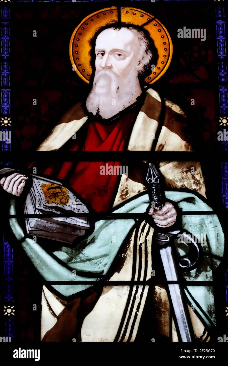 Saint Paul the apostle.  Cordeliers church.  Stained glass window.  Lons le Saunier. France. Stock Photo