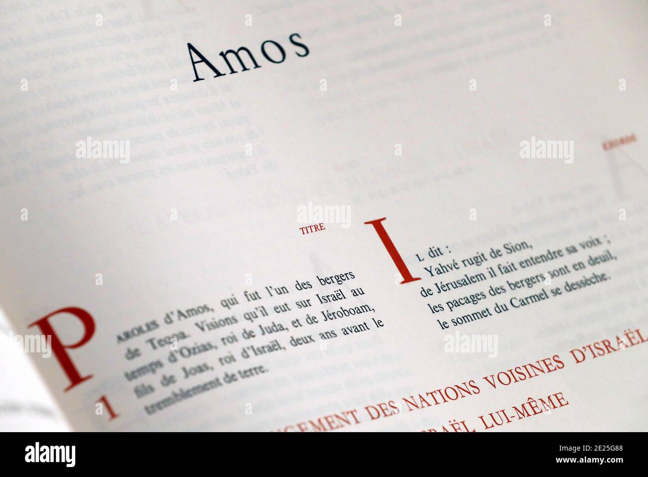 Holy bible in french. Old testament. Prophetic book. Amos. France Stock