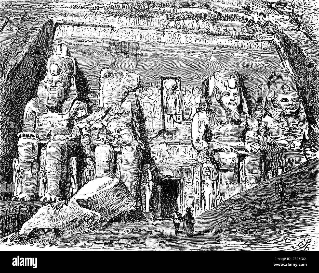 Entrance to the rock temple of Abu Simbel in Egypt, in 1870  /  Eingang zum Felsentempel von Abu Simbel in Ägypten, im Jahre 1870, Historisch, historical, digital improved reproduction of an original from the 19th century / digitale Reproduktion einer Originalvorlage aus dem 19. Jahrhundert, Stock Photo