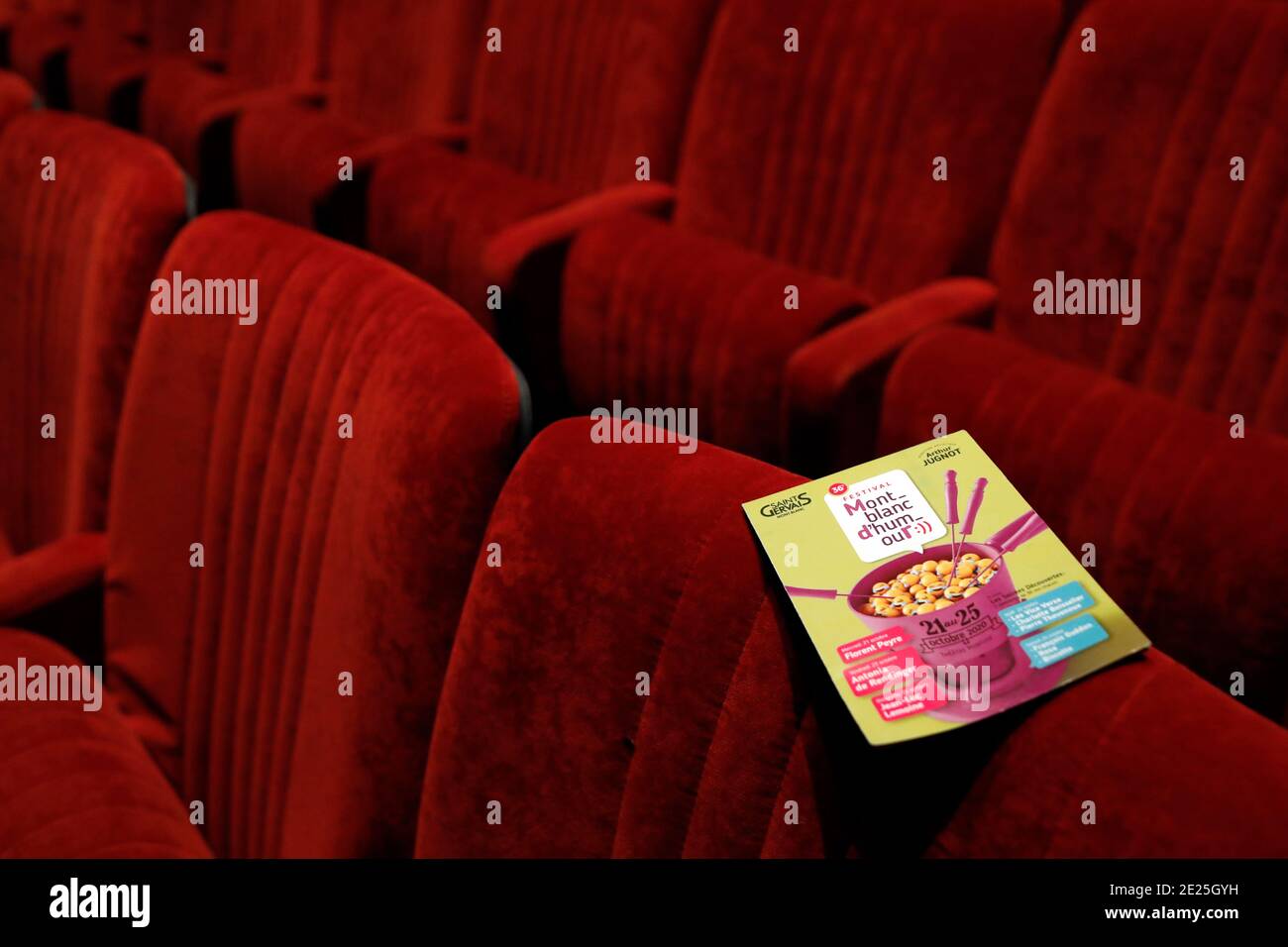 Festival Mont-Blanc d'humour 2020. Empty red seats in theater.  Saint Gervais. France. Stock Photo