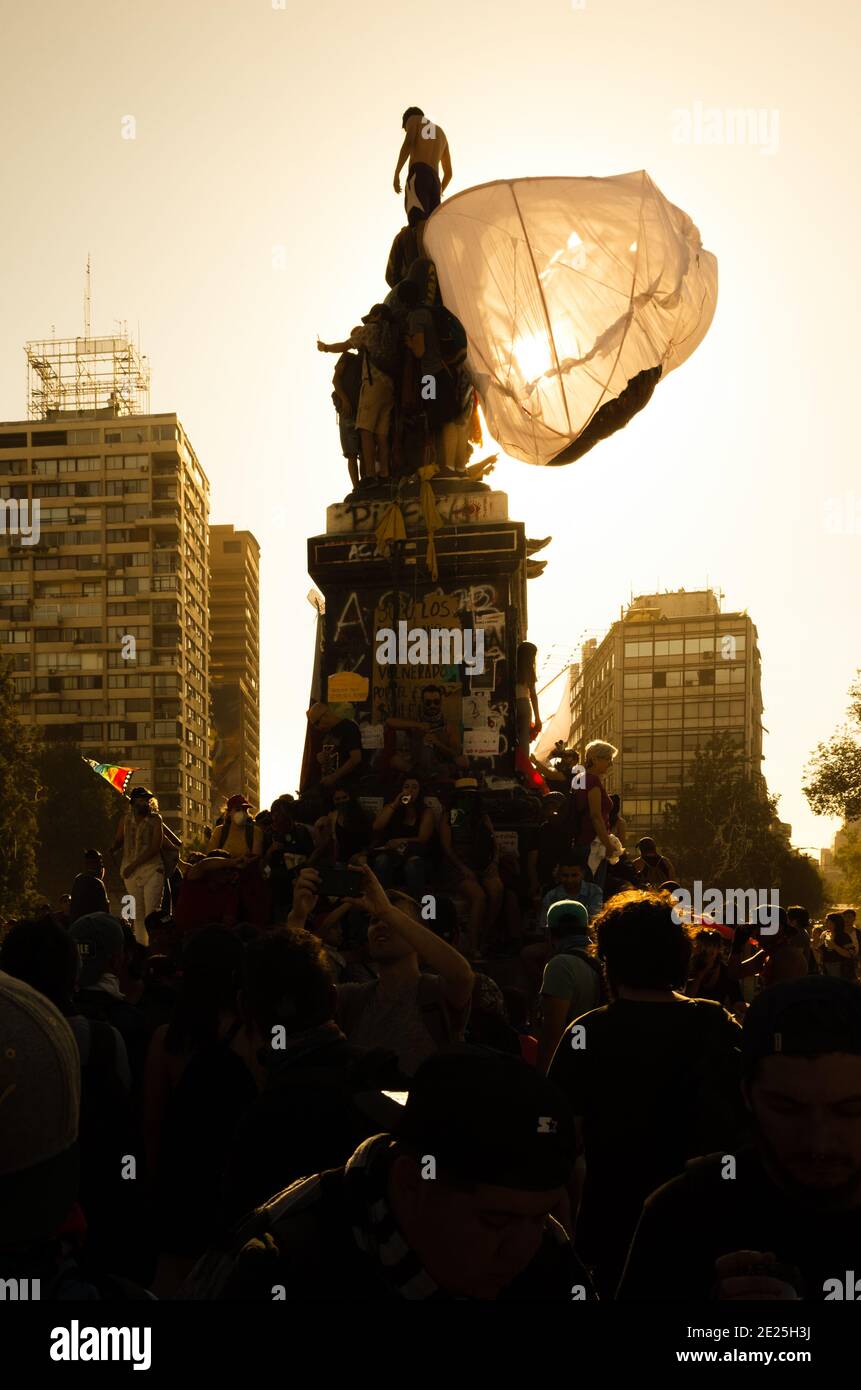 Santiago / Chile - 6 December 2019: Massive protest in Plaza Dignidad ...
