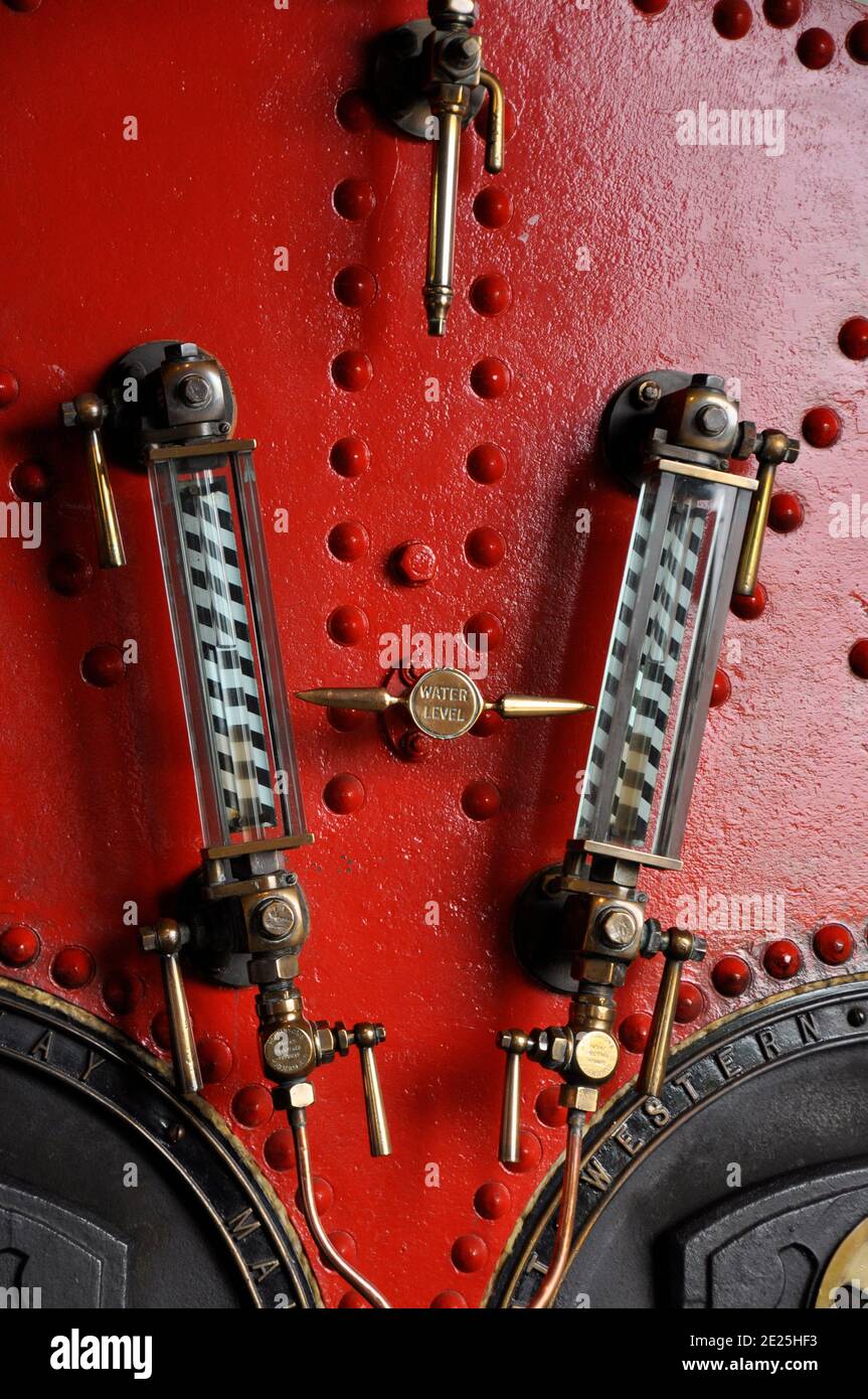 Water level gauges on the boiler which provides the steam to operate the pumps at the Crofton Pumping Station on the highest point on the Kennet and A Stock Photo