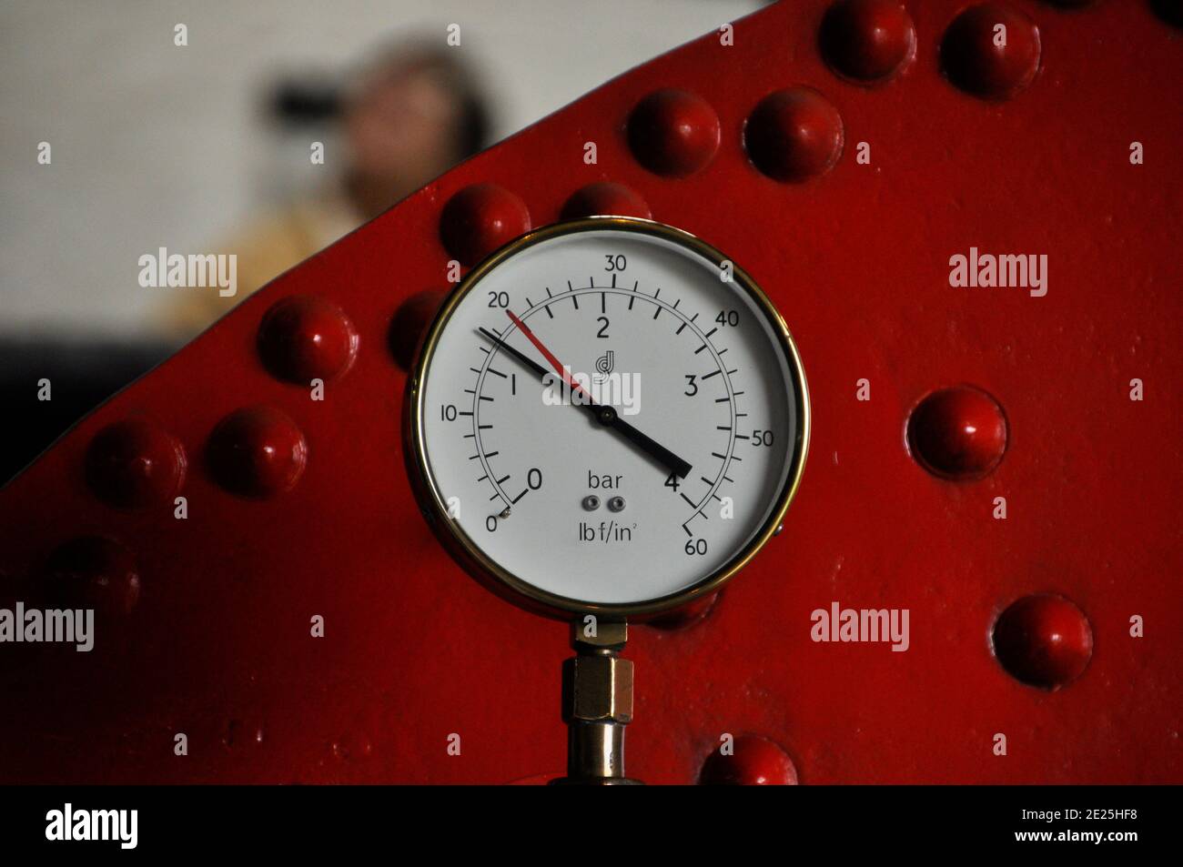 Pressure gauge on the boiler which provides the steam to operate the pumps at the Crofton Pumping Station on the highest point on the Kennet and Avon Stock Photo