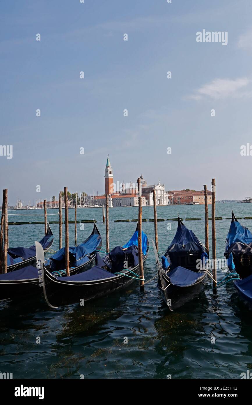 gondolas and San Giorgio Maggiore church. Stock Photo