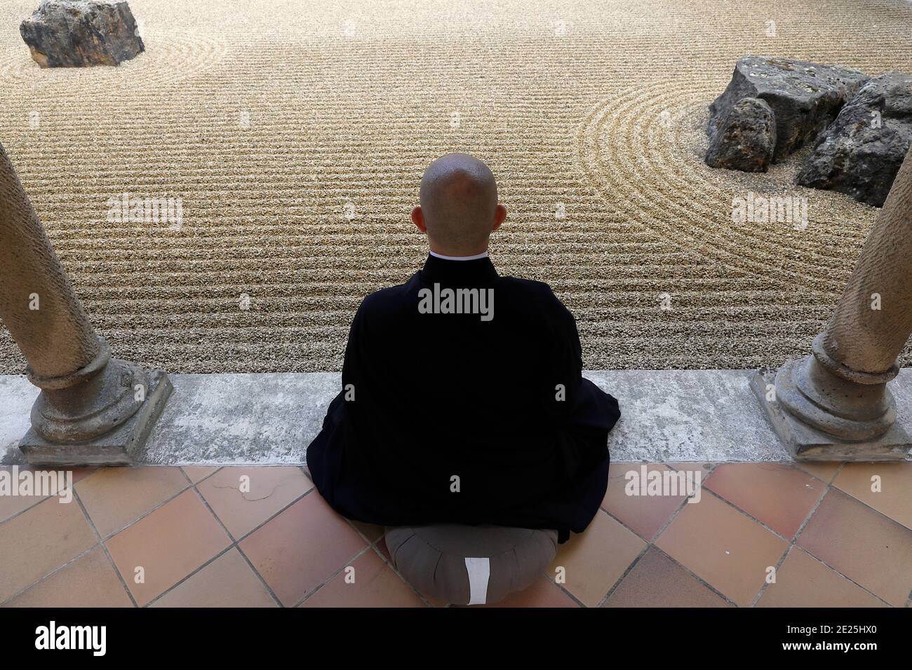 Zen buddhist monk practising zazen (meditation) in Orval trappist abbey ...