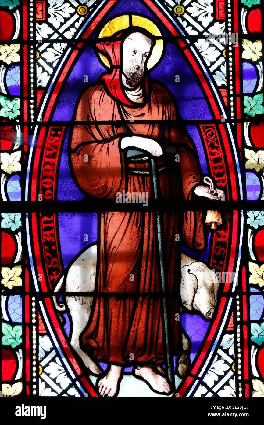 Stained glass window. Saint Anthony the Great. Beaume Les Messieurs