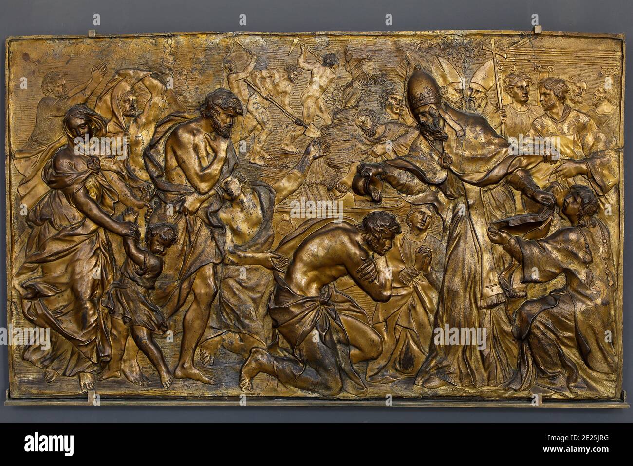 Louvre museum, Paris, France. Alessandro Algardi, Pope Liberius baptising the Neophytes, after 1648, gilded bronze Stock Photo