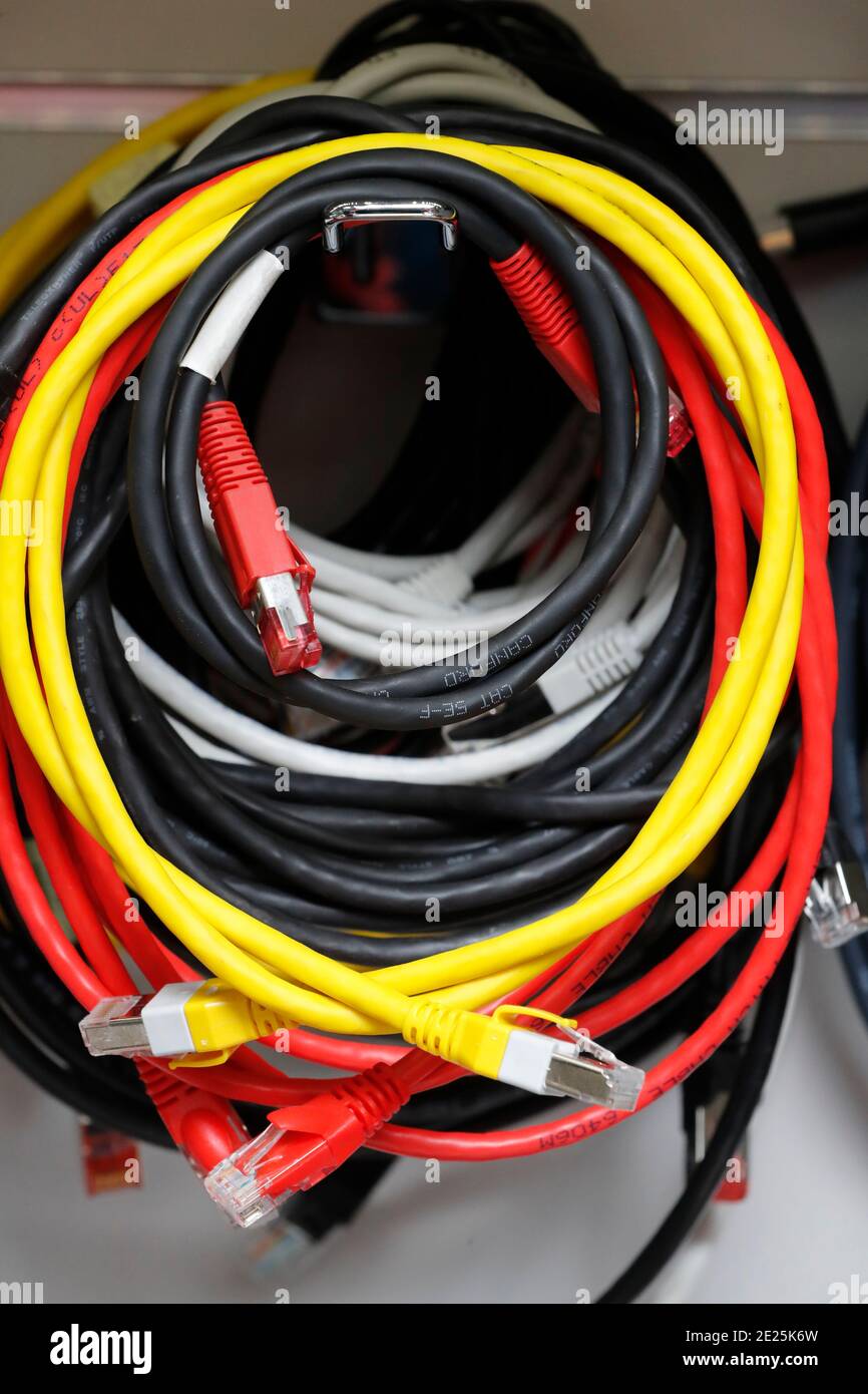 Multi colored ethernet cables.  France. Stock Photo
