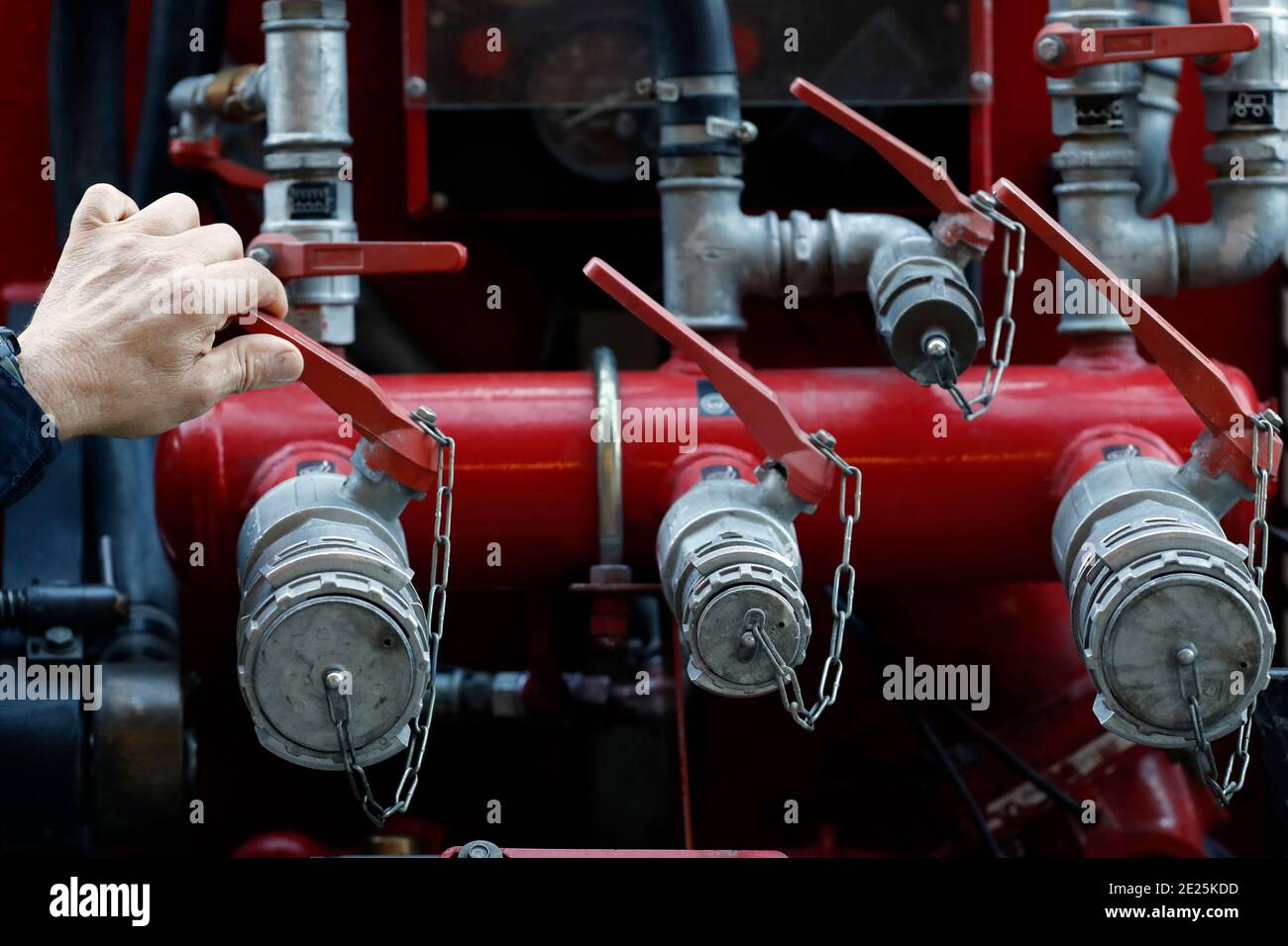 Fire department. Emergency vehicule. Sprinkler system. French Sapeurs Pompiers. France. Stock Photo