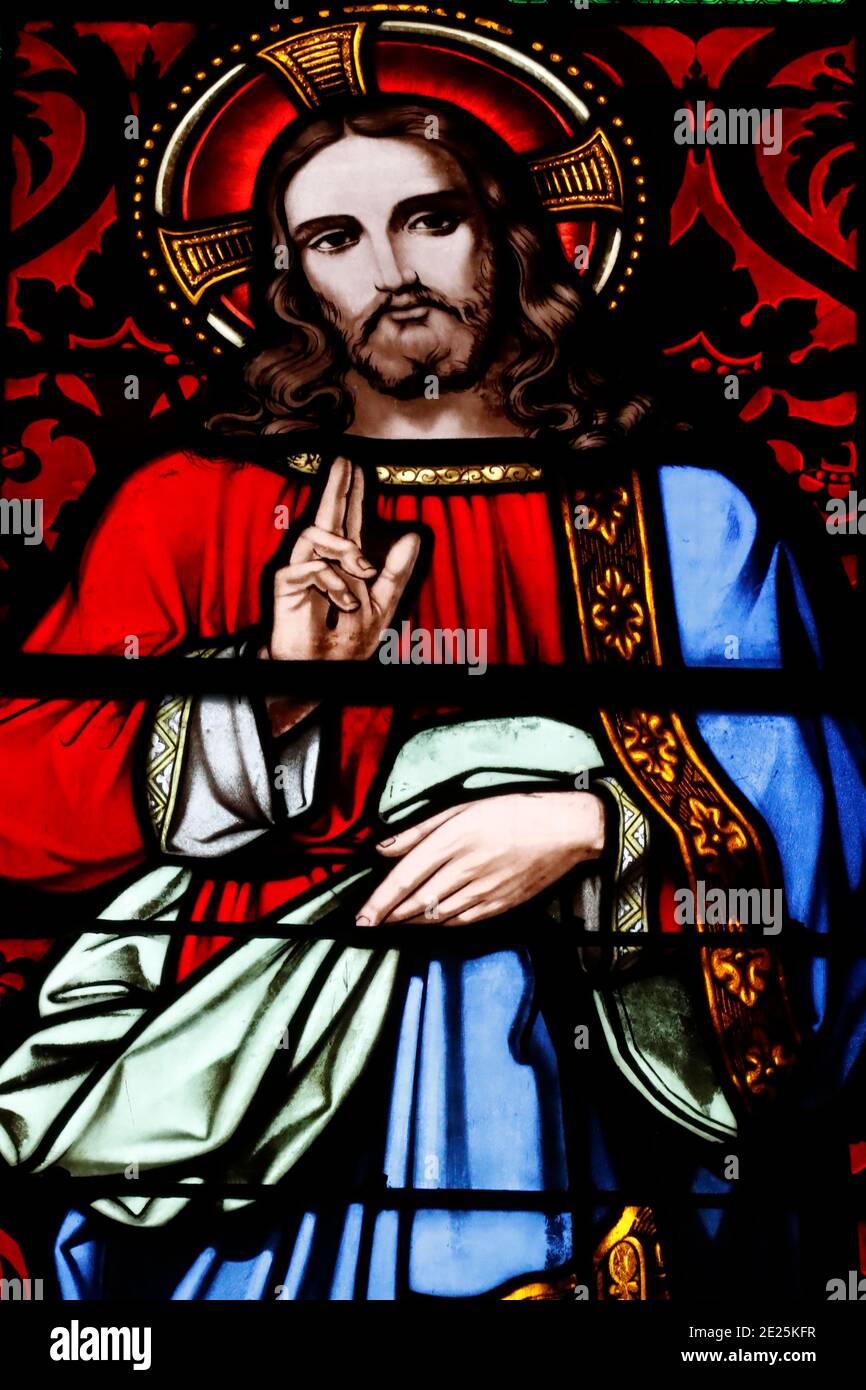 Cordeliers church. Stained glass window. Jesus Christ bleesing. Lons le ...
