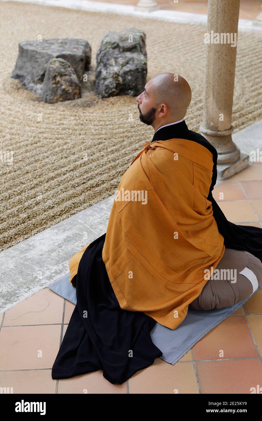 Zen buddhist master practising zazen (meditation) in Orval trappist ...