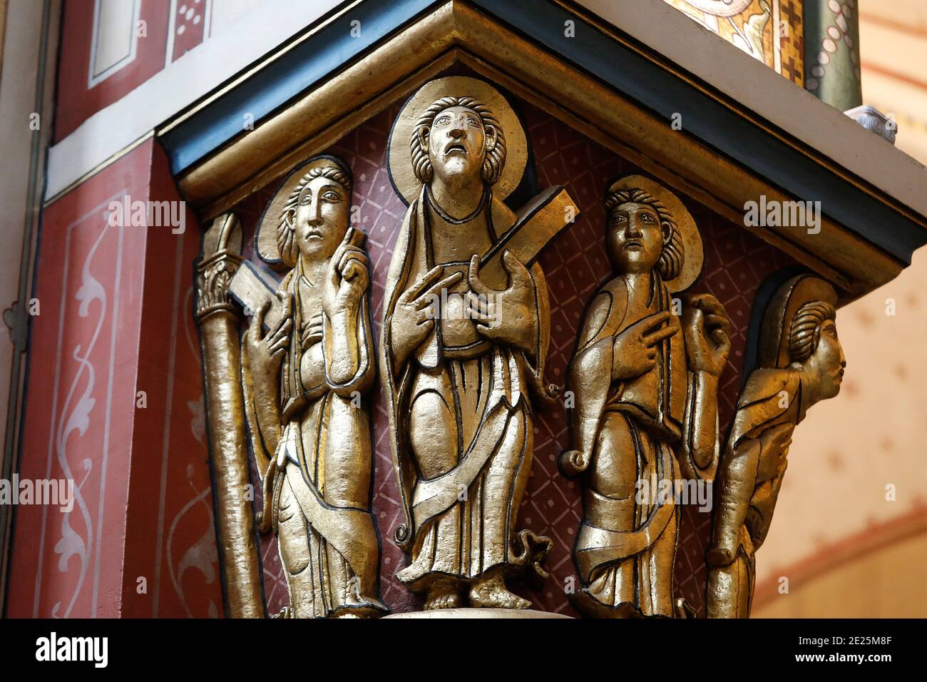 Saint Germain des Pres church, Paris, France. Capital. Saints holding the rule of St Benedict Stock Photo