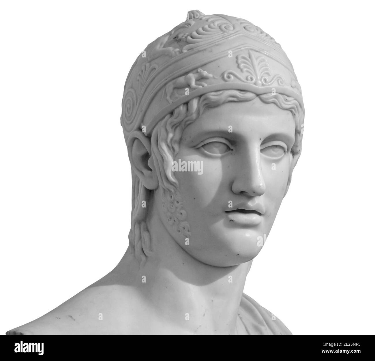 Ancient roman marble portrait of a boy. Young man head statue isolated on white background. Antique sculpture Stock Photo