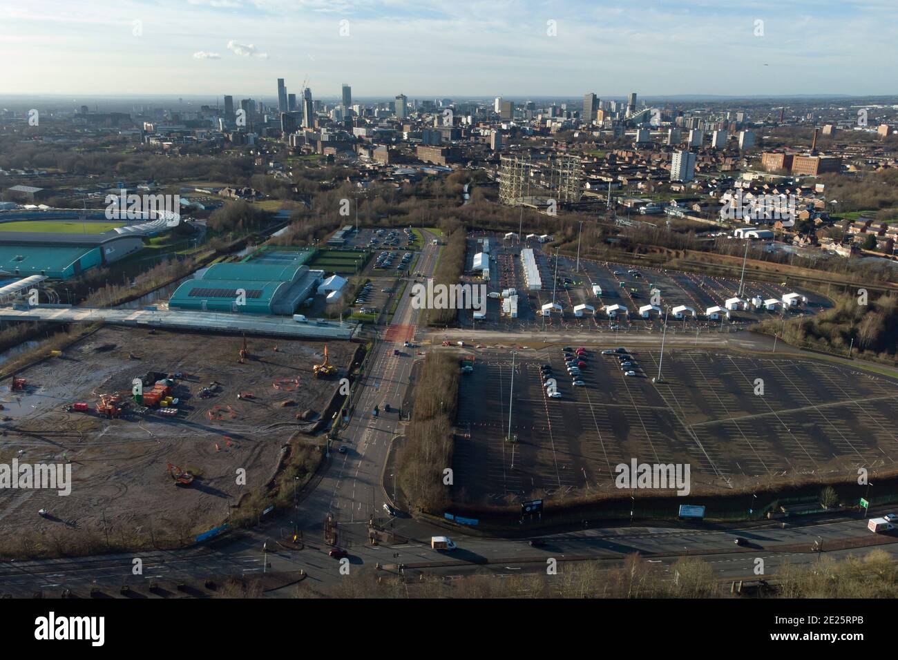 Manchester, UK, 12th Jan 2021. An aerial picture shows Greater Manchester vaccination and testing centre at the Etihad Tennis centre the day after nationwide mass testing begins at 5 centres throughout the country in the face of the Coronavirus, Manchester, UK. Credit: Jon Super/Alamy Live News. Stock Photo