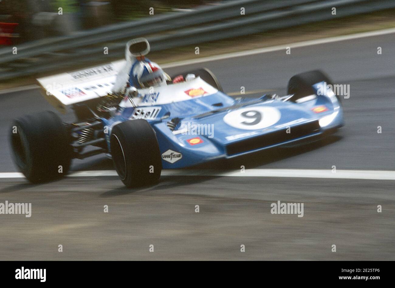 Chris AMON driving Matra F1 car in full speed during 1972 Grand Prix de France, in Charade circuit near Clermont-Ferrand. Stock Photo