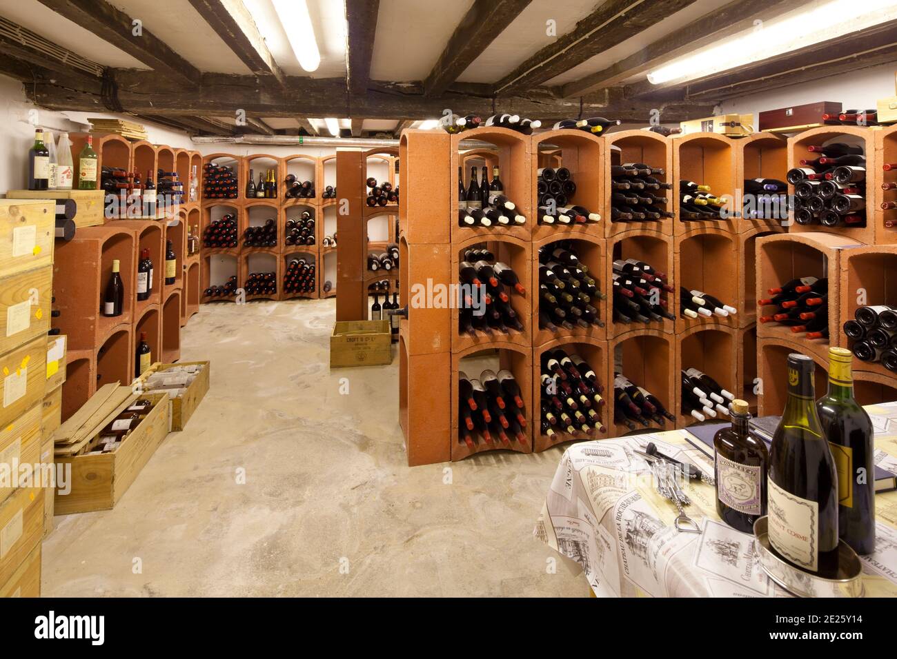 Wine cellar racks, full of wine bottles Stock Photo