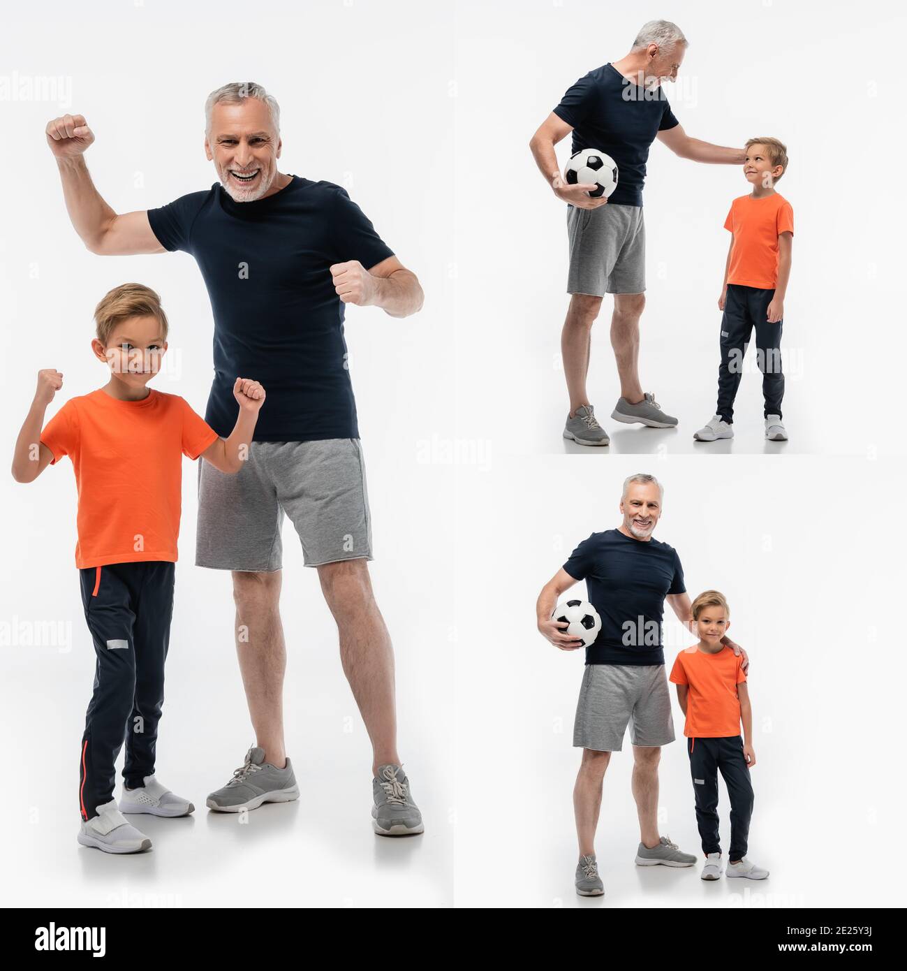 collage of mature man holding soccer ball and showing win gesture together with grandson on white Stock Photo