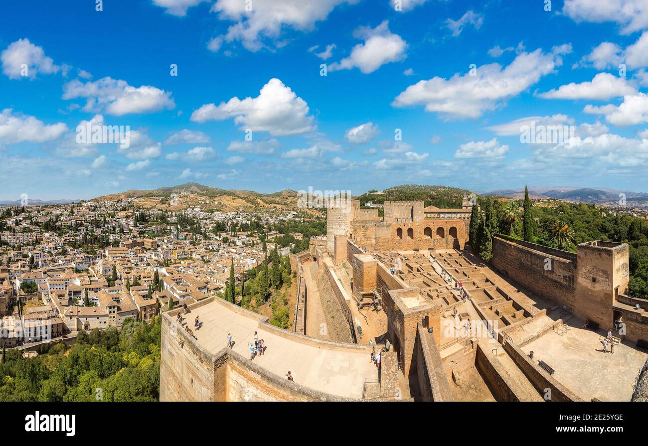 Nasrid palaces (Palacios Nazaries) and palace of Charles V in Alhambra palace in Granada in a beautiful summer day, Spain Stock Photo
