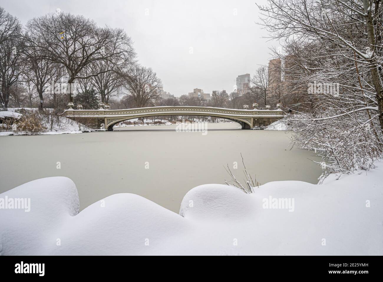 Bow bridge, Central Park, New York City during snow sotrm Stock Photo
