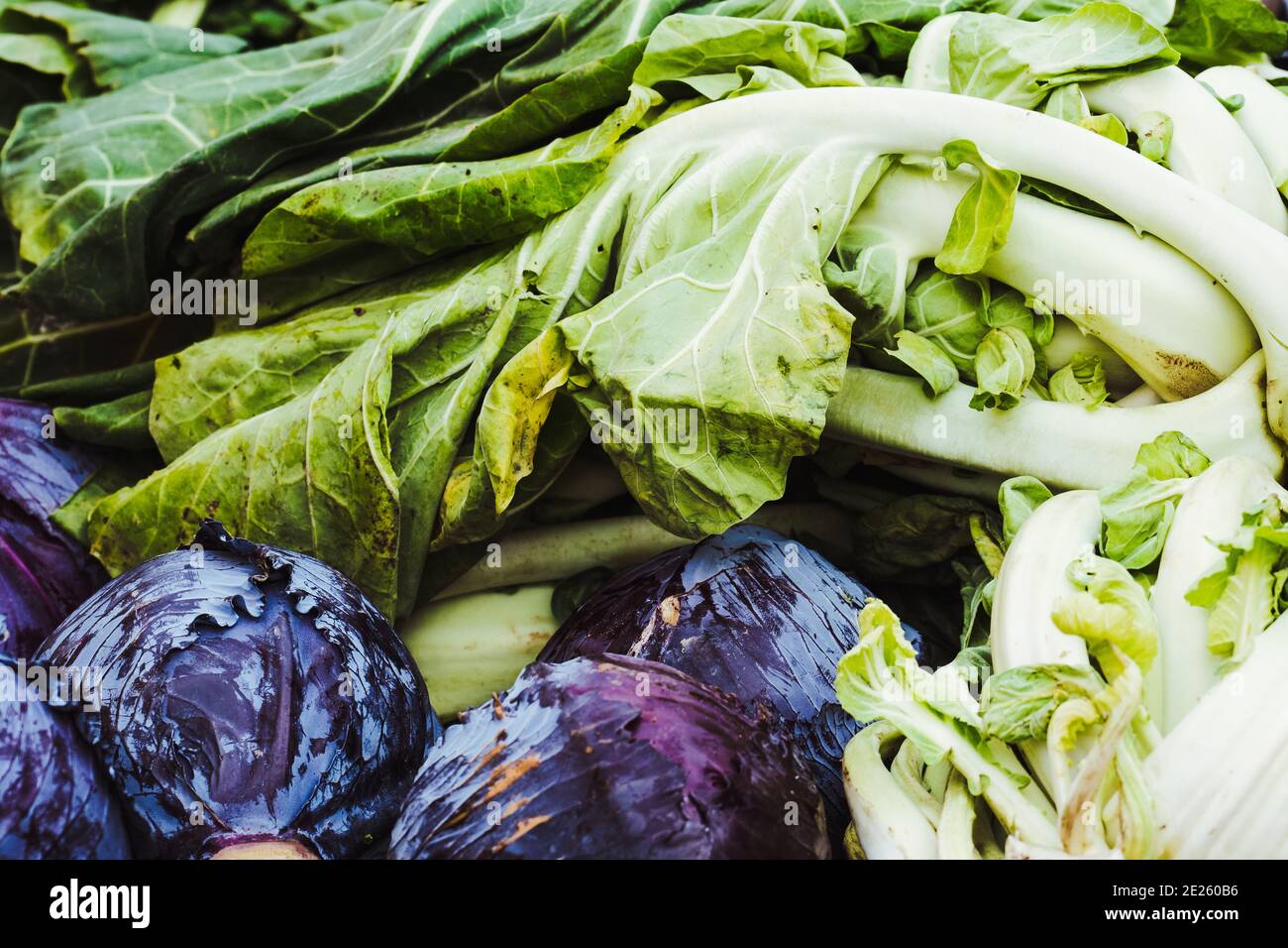 Raw winter vegetables in a market stall Stock Photo