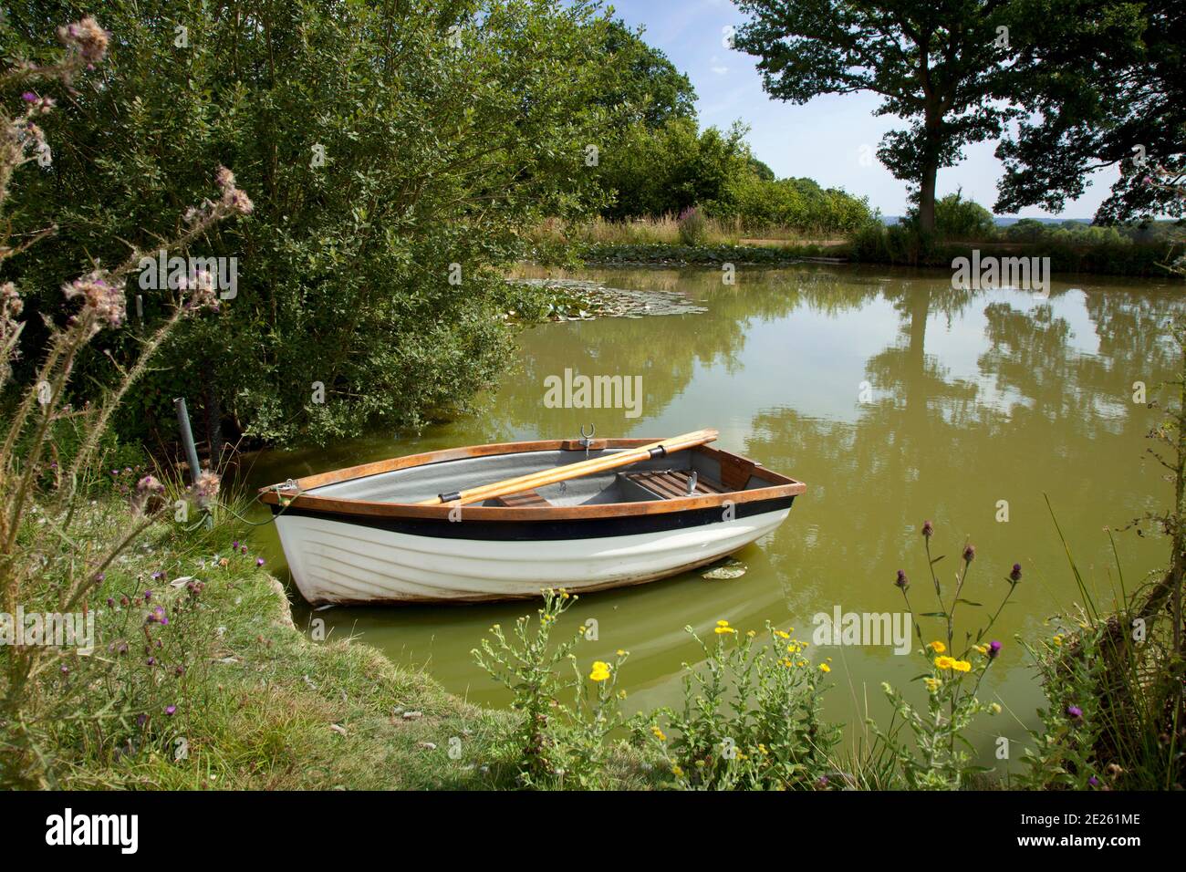 Private lake with moored rowing boat Stock Photo