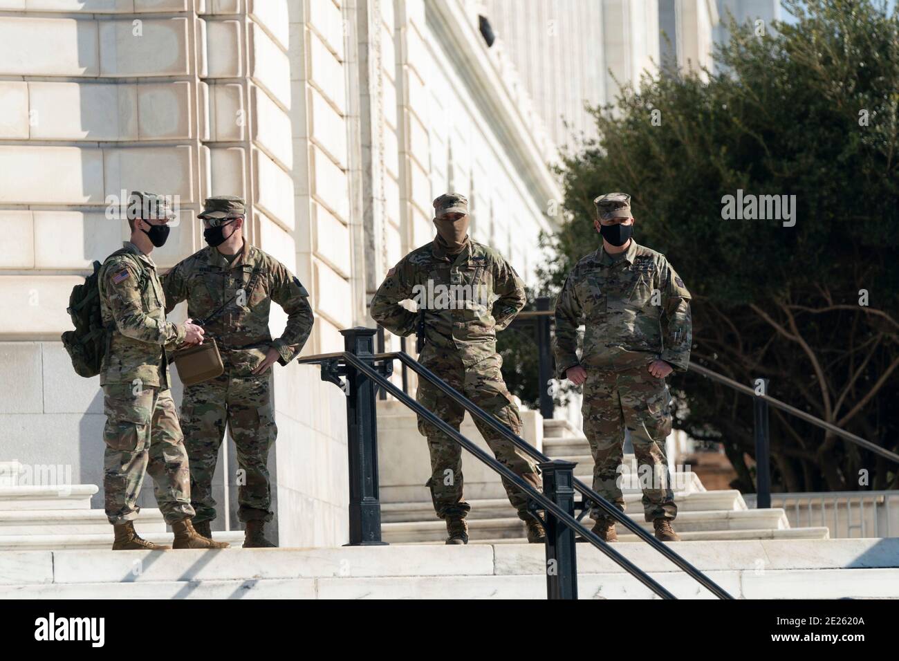 12 January 2021- Washington DC- National Guard members stand watch at the Russell Senate Office Building on Capitol Hill. Photo Credit: Chris Kleponis/Sipa USA Stock Photo