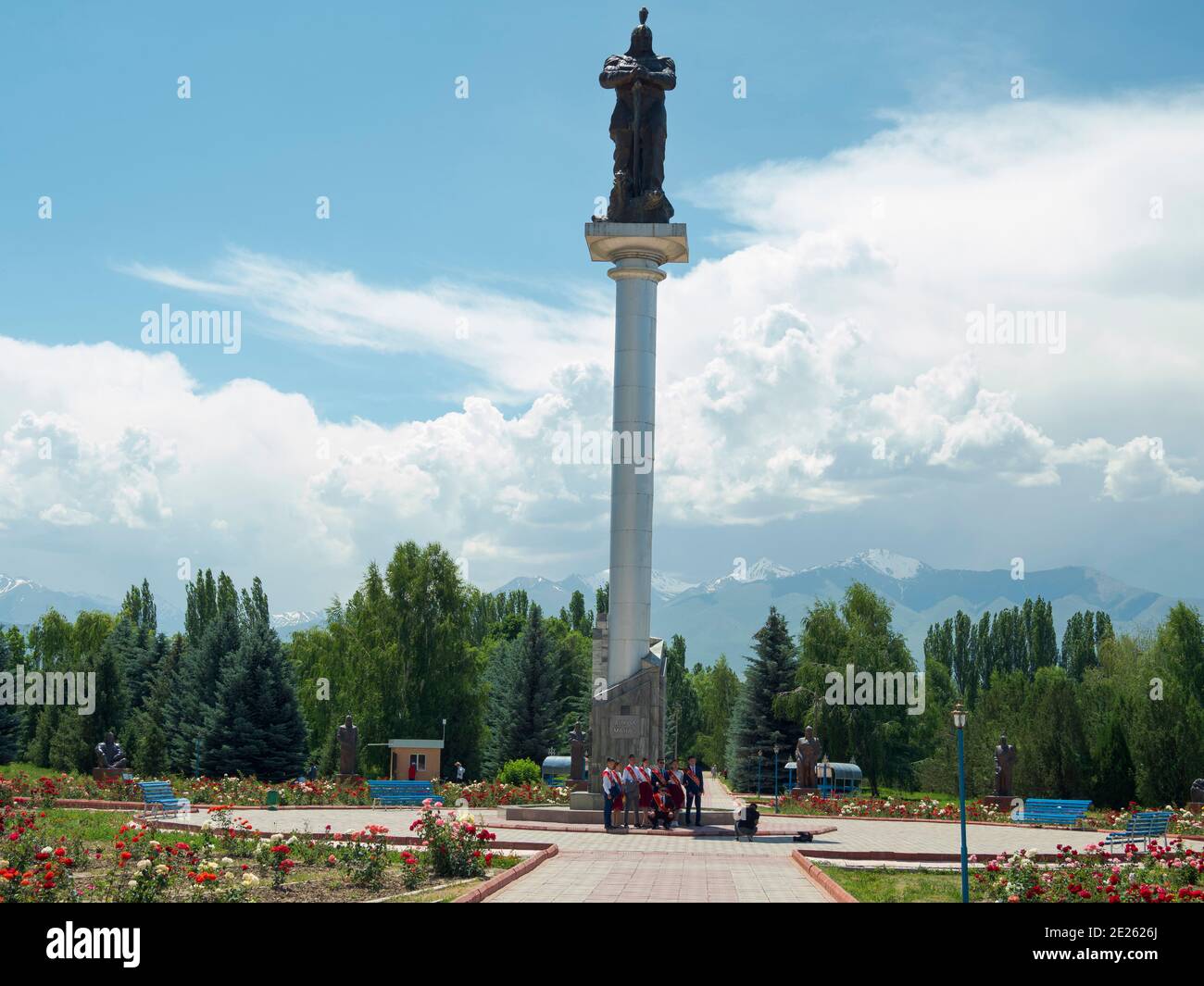 High school graduates are celebrating their graduation.  Memorial Place Manas Ordo near Talas in the  Tien Shan mountains. Manas, a mystical as well a Stock Photo