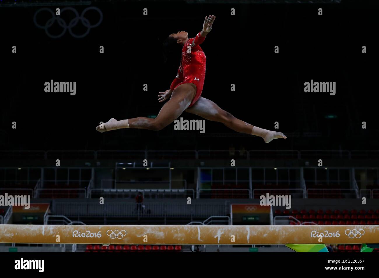 Simone Biles at the Rio 2016 Summer Olympic Games artistic gymnastics. Athlete of team USA performs a training session prior to  the medal competition Stock Photo