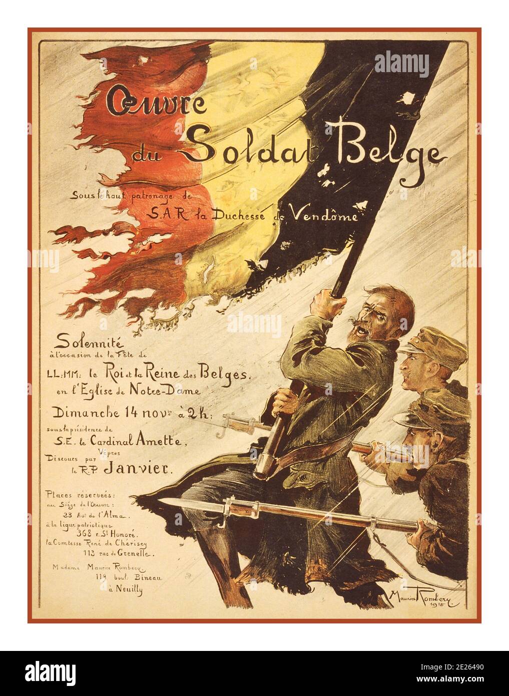 Vintage WW1 Belgian Propaganda Poster 'Association of the Belgian soldier' .WW1 1915 Oeuvre du soldat belge Belgian soldiers holding a tattered flag. Romberg, Maurice, artist World War, 1914-1918--Military personnel--Belgian  Flags--1910-1920 Exhibition posters--French--1910-1920. World War 1 First World War Lithographs--Color--1910-1920. War posters--French--1910-1920.: Association of the Belgian soldier. Signed: Maurice Romberg, 1915.. Stock Photo