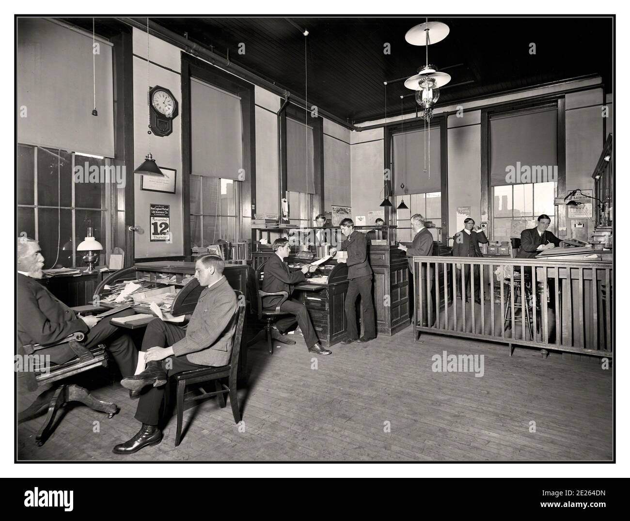 1903 archive. “General office, Leland & Faulconer Manufacturing Co., Detroit.” At left: Henry Leland, founder of both the Cadillac and Lincoln motor car brands. Stock Photo