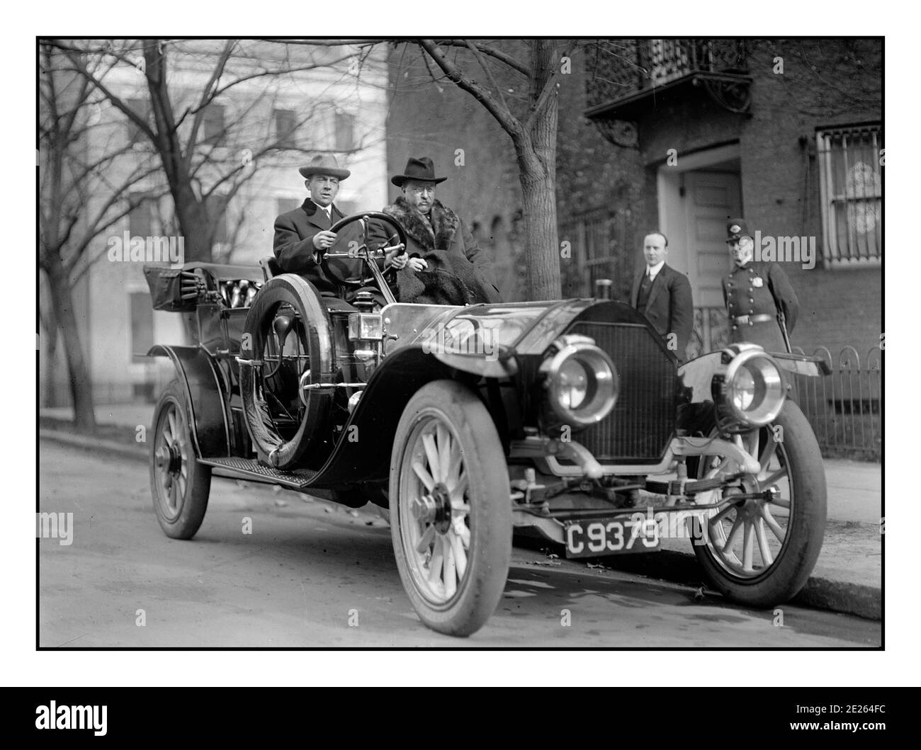 Theodore Roosevelt in a 1910 Mitchell model S (six cylinder) with Connecticut plate, 1915 Roosevelt former President of The United States, being driven in open automobile, circa 1915. Theodore Roosevelt was the 26th President of the United States (1901-1909). Roosevelt continued to be politically active following his time as President and was in vocal opposition of President Woodrow Wilson's neutral stance in World War I. Stock Photo