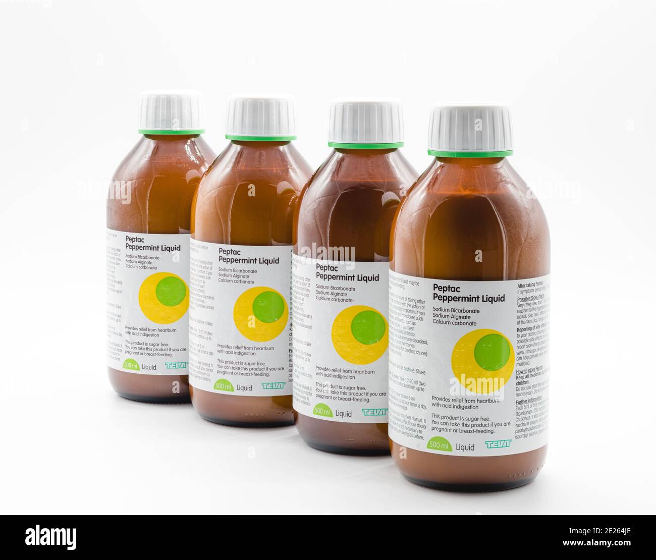 Irvine, Scotland, UK - January 09, 2021: Peptac Branded Peppermint Liquid by MA Pinewood laboratories in four 500ml recyclable glass bottle and label Stock Photo
