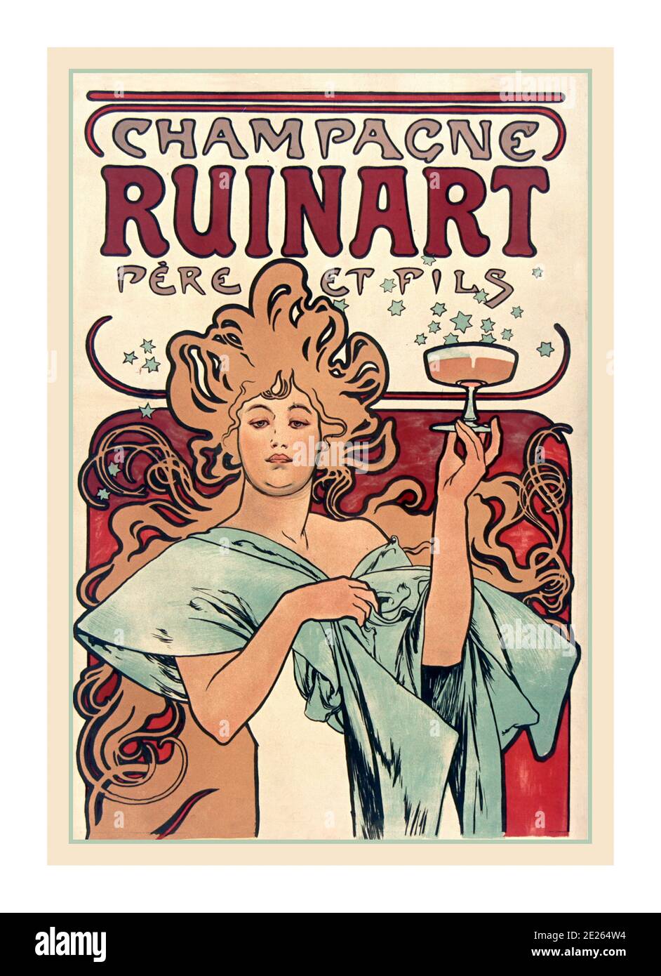 CHAMPAGNE RUINART 1900's Vintage Art Deco poster featuring Ruinart Champagne house, exclusively producing champagne since 1729. Founded by Nicolas Ruinart in the Champagne region in  city of Reims France CHAMPAGNE RUINART Vintage art Poster 1900’s Stock Photo