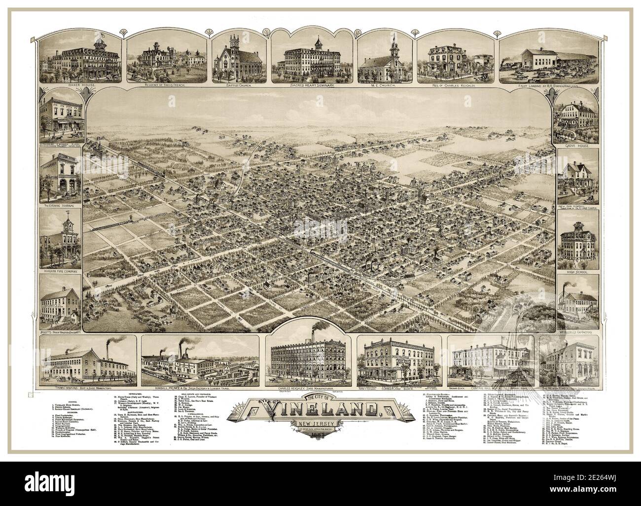VINELAND MAP 1880’s Vintage historic Lithograph The City of Vineland New Jersey USA 1885 Bird's Eye View with city attractions featured around. New Jersey USA Stock Photo