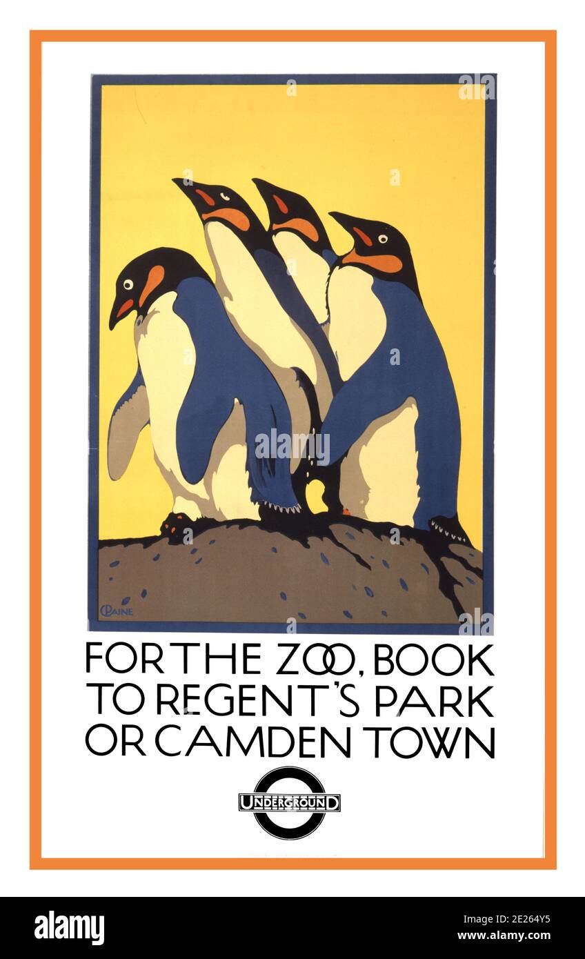 Vintage 1920’s Underground Travel Poster 'For the Zoo, Book to Regent's Park or Camden Town”: Underground / C. Paine. Paine, Charles, 1895-1967, artist Date Created/Published: London : Sanders Phillips & Co. Ltd., The Baynard Press, 1920's  (poster) : lithograph, color ; Advertising poster for subway tube underground transportation showing penguins. Stock Photo