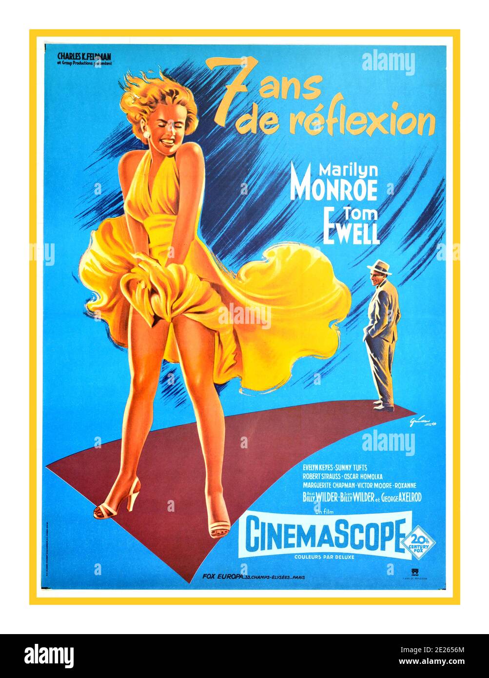 MARILYN MONROE French version Seven Year Itch vintage cinema poster for France of the 1955 film 7 Ans de Reflexion / The Seven Year Itch starring Marilyn Monroe and Tom Ewell. Printed for 20th Century Fox by S. P. Lalande Courbet in France. Designed by Grinsson. Features the iconic image of Marilyn Monroe standing above a subway grate with her skirt blowing up and Tom Ewell in the background. France, designer: Boris Grinsson, Stock Photo