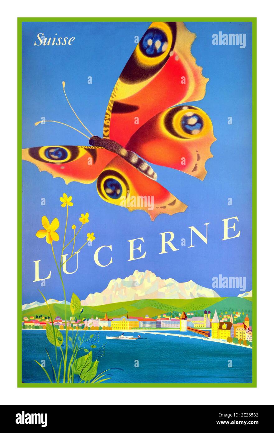 LUCERNE 1950's vintage travel poster for Lucerne Switzerland with a butterfly in the sky and lake and city in the background. Lucerne is a city in central Switzerland, in the German-speaking portion of the country. Lucerne the capital of canton of Lucerne. Owing to its location on the shores of Lake Lucerne (German: Vierwaldstattersee) and its outflow, the river Reuss, within sight of the mounts Pilatus and Rigi in the Swiss Alps, Lucerne has long been a destination for tourists.: Switzerland designer: Schmidlin & Magoni 1956 Stock Photo
