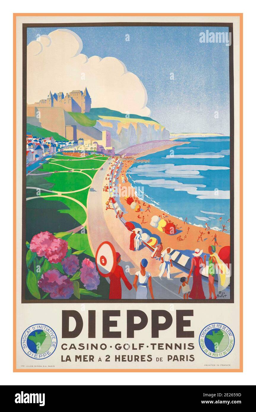 DIEPPE Vintage 1920's French travel poster 'DIEPPE' offering  Casino Golf Tennis Attractions Lithograph in colours, by Suzanne Hulot  printed by Jules Simon, S.A., Paris, Dieppe coastal scene with beach and people France Stock Photo