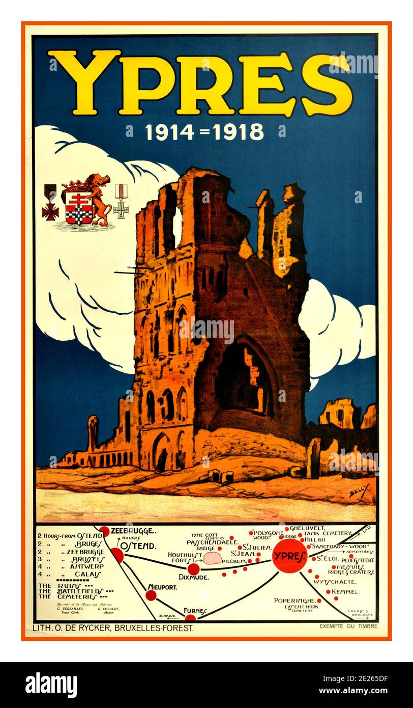 YPRES vintage 1920’s travel poster for WW1 Ypres 1914-1918 , a Belgian municipality in the province of West Flanders. The artwork, by artist Selly, features the ruins of St Martin's Cathedral, and a map of the surrounding areas beneath, including locations of ruins, battlefields and cemeteries. Ypres is commonly known for the Battle of Ypres in World War One, between the Axis and Allied Forces. This poster commemorates Ypres and it’s poignant historical significance. Printed in Brussels, Belgium, designer: Selly, 1920s World War I Stock Photo