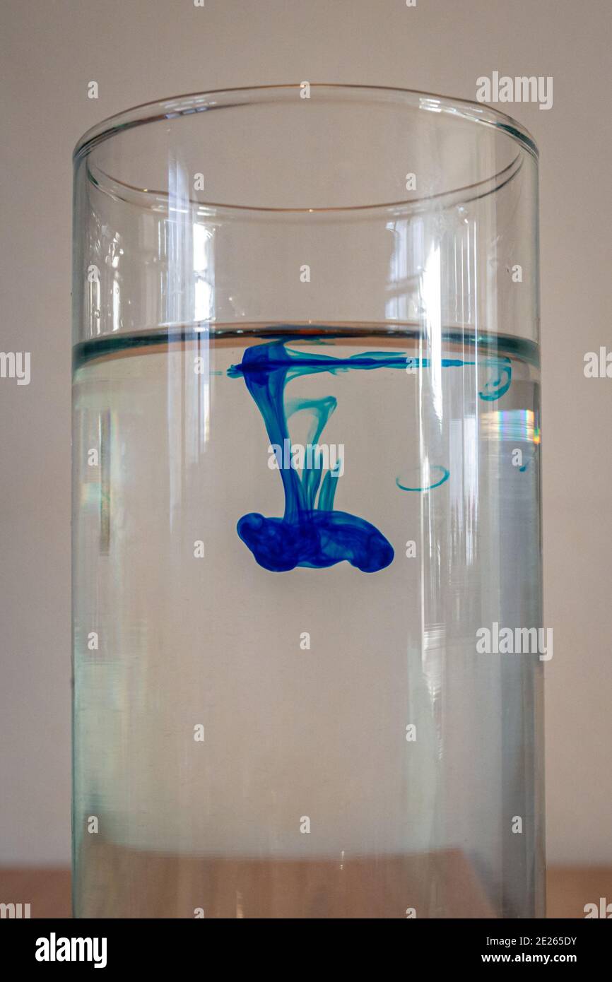 Fluid dynamics experiment where a drop of blue dye is put in water