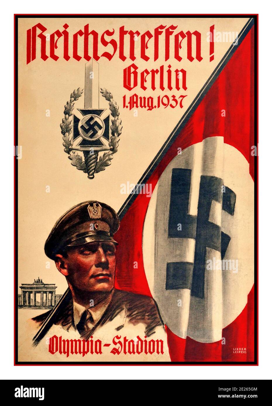 1937 Germany REICH MEETING BERLIN vintage Nazi NSDAP propaganda poster. ‘ Reichstreffen! ‘  ‘Berlin 1. Aug. 1937 - Olympia Stadion’ Reich Meeting! Berlin. 1. Aug. 1937 - Olympic Stadium. artwork features swastika emblem, with a swastika flag, a Nazi NSDAP member looks towards the sky, illustration of Brandenburg Gate in the background. Printed in Leipzig. Issued by Nationalsozialistische Deutsche Arbeiter-Partei - NSDAP.. Country of issue: Austria, 1937 Stock Photo