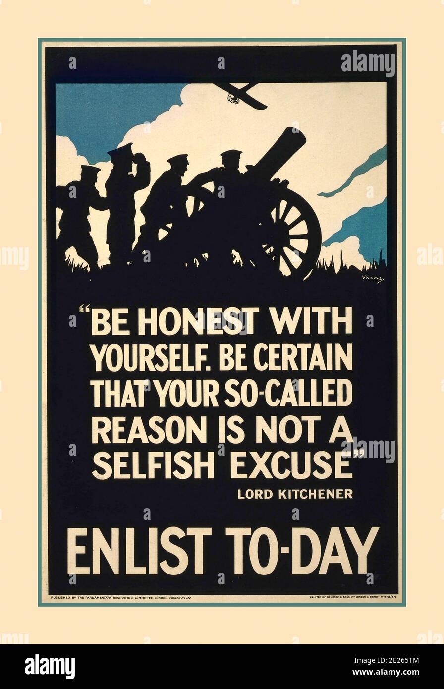 ENLIST TODAY WW1 1915 Vintage UK Recruiting Propaganda  WW1 Poster British ' Be honest with yourself. Be certain that your so-called reason is not a selfish excuse.' Lord Kitchener. Enlist to-day 1914 World War 1 Vintage propaganda recruitment poster from Lord Kitchener ENLIST TODAY Stock Photo