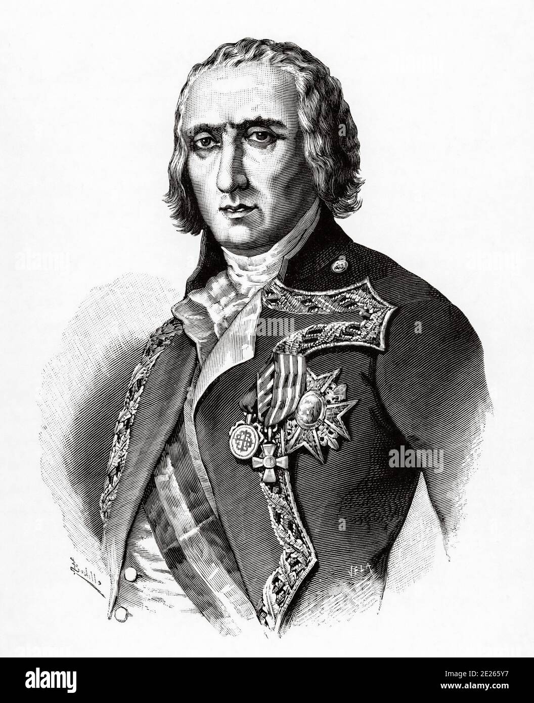 Portrait of José Ramón de Urrutia and de las Casas (Zalla, Vizcaya November 19, 1739 - Madrid, March 1, 1803). Spanish military who stood out especially in the reign of Carlos IV. Commander of the Order of Calatrava, knight of the fourth class of the Order of St. George of Russia, knight with cross of the Order of Charles III, and captain general of the Royal Armies. Engraving from Historia del Reinado de Carlos IV 1890 Stock Photo