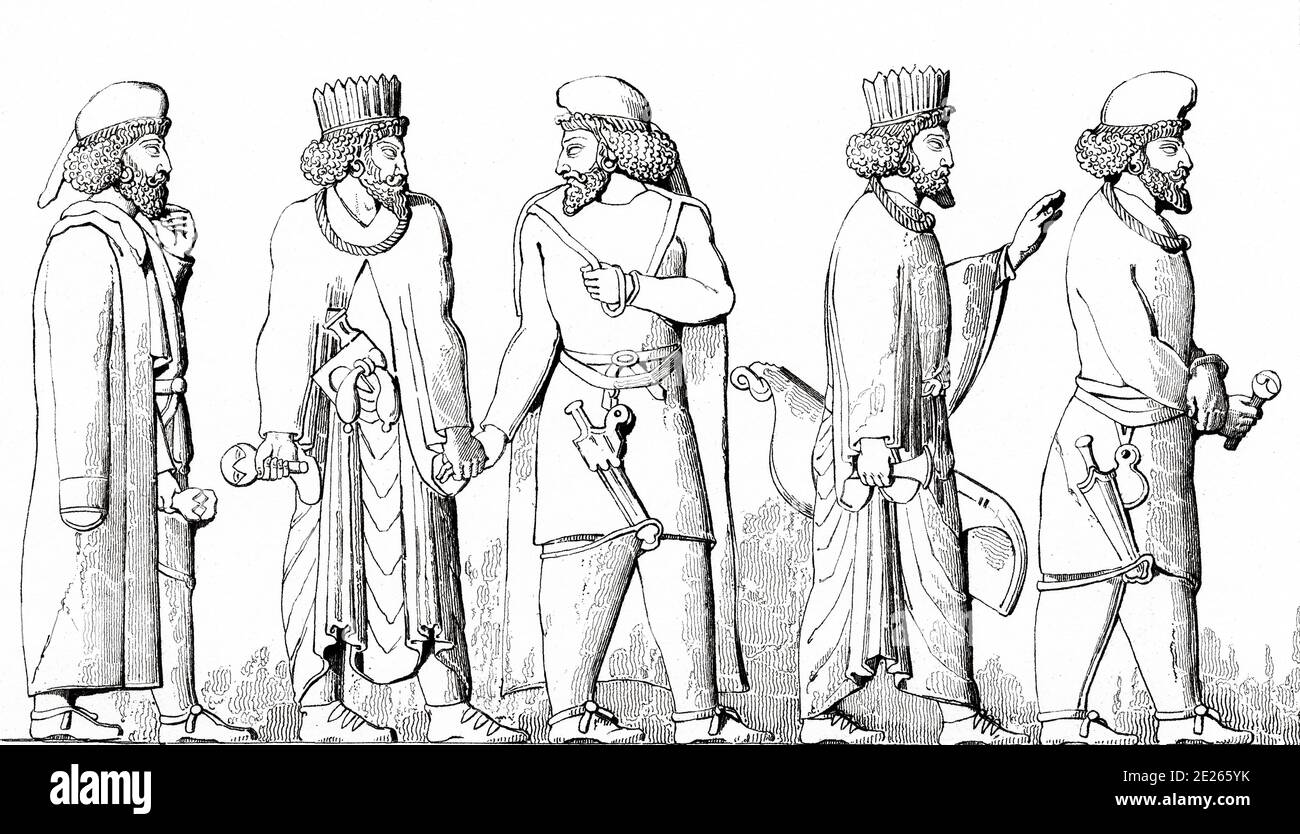Ancient characters bodyguard of the Persian kings. Persepolis ceremonial capital of Achaemenid Empire. Fars Province, Iran. Old steel engraved antique print. Published in L'Univers La Perse, in 1841. History of the ancient Persian empire Stock Photo